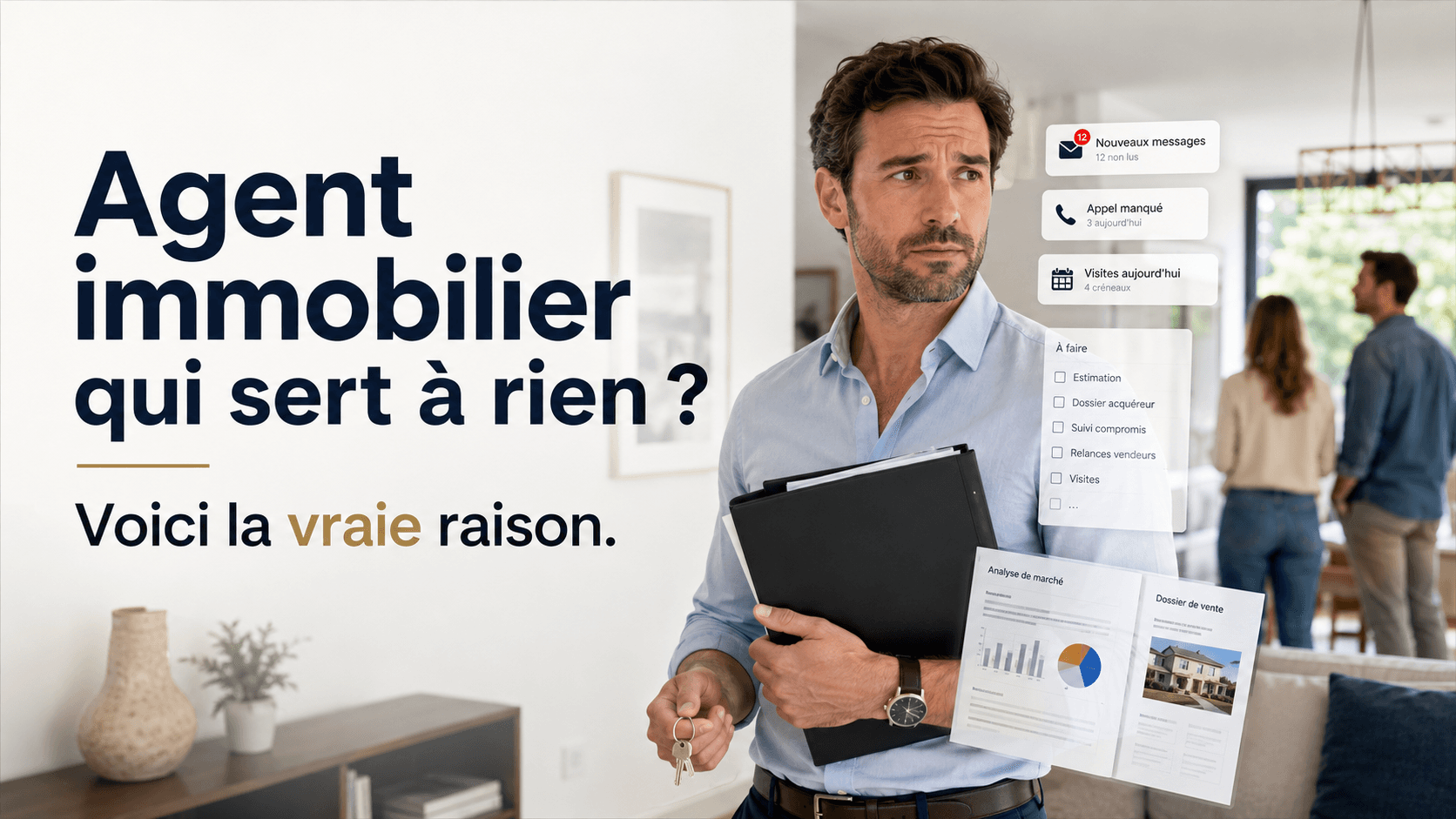 Agent immobilier au téléphone derrière un bureau encombré de dossiers — la paperasse qui mange le métier