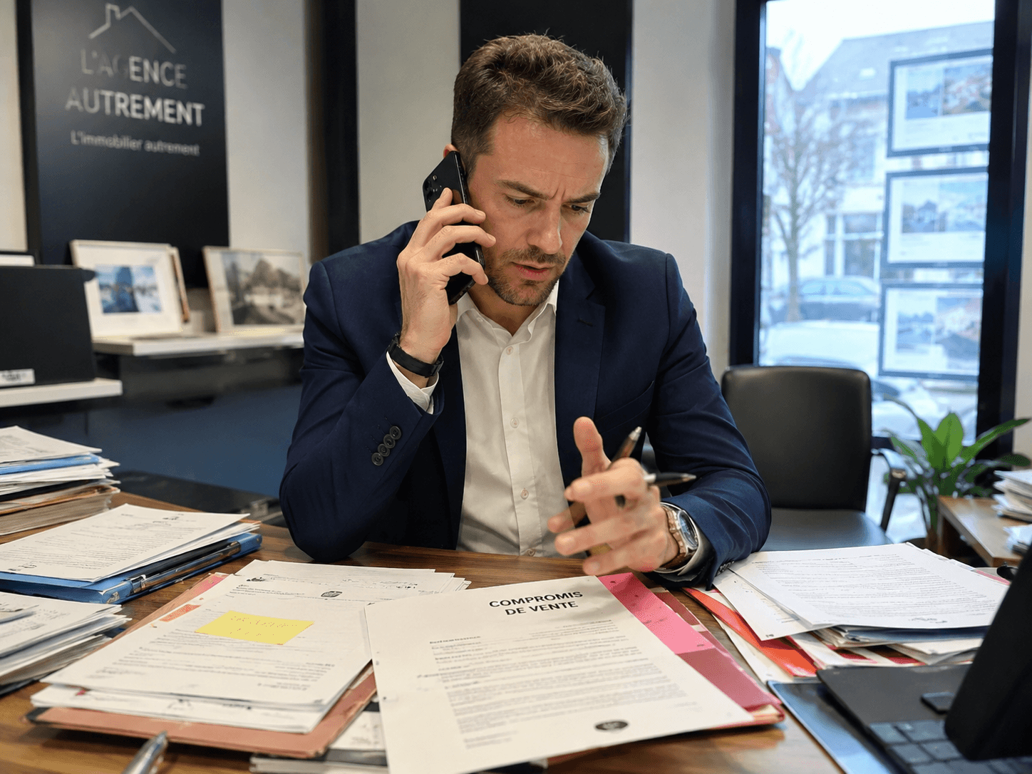 Agent immobilier inquiet au téléphone devant un compromis de vente et des dossiers étalés sur son bureau