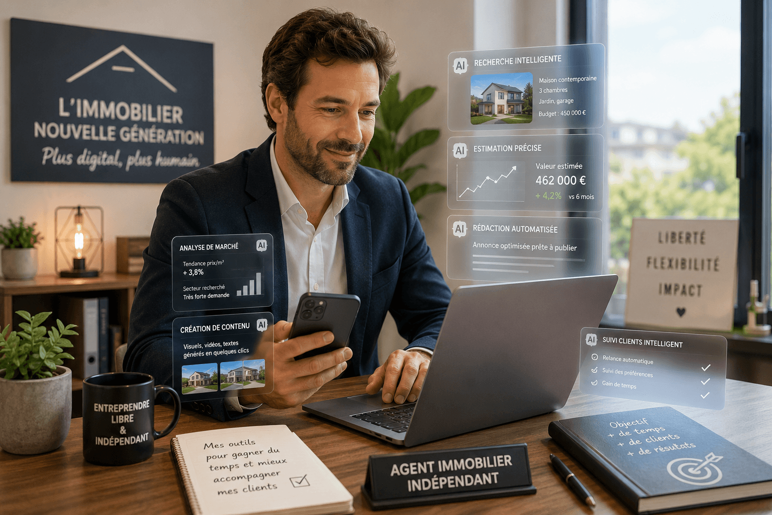 Agent immobilier indépendant utilisant des outils d'intelligence artificielle sur son ordinateur portable et son smartphone
